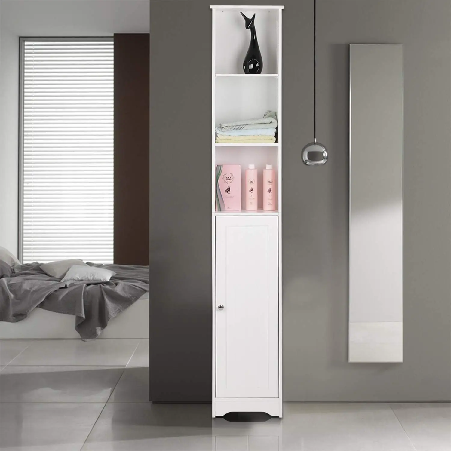 Storage Cabinet 12" Wide White Skinny Linen Cabinet with 3 Open Shelves Single Door Adjustable Shelf Space Saving Corner Pantry 2