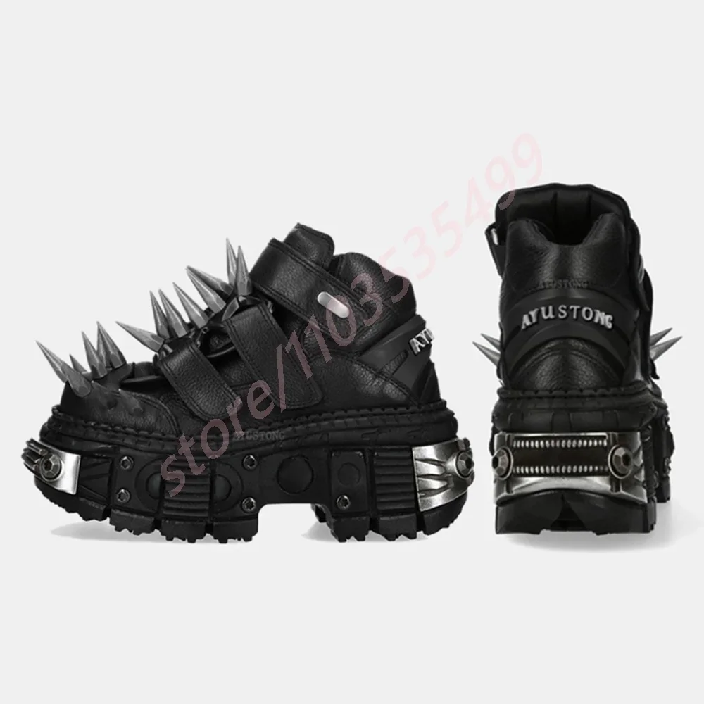 Black Thick Sole Spiked Rivet Motorcycle Boots 2025 New Round Toe Punk Rock Street Sports Casual Short Boots Fashion Ankle Boots 1