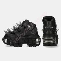 Black Thick Sole Spiked Rivet Motorcycle Boots 2025 New Round Toe Punk Rock Street Sports Casual Short Boots Fashion Ankle Boots 1