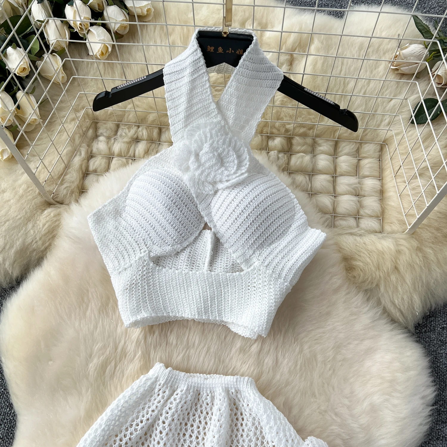 Summer Sexy Women 2 Piece Set Outfit Fashion Knitted Two Pieces Suits Halter Cropped Top And High Waist Hollow Out Midi Skirts