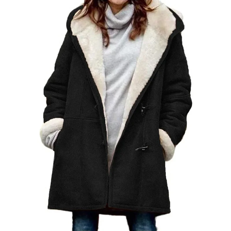 Casual Vintage Thicken Fur Liner Warm Long Sleeve Button Pocket Jacket Outwear Winter Women Fashion Hooded Jacket Coat