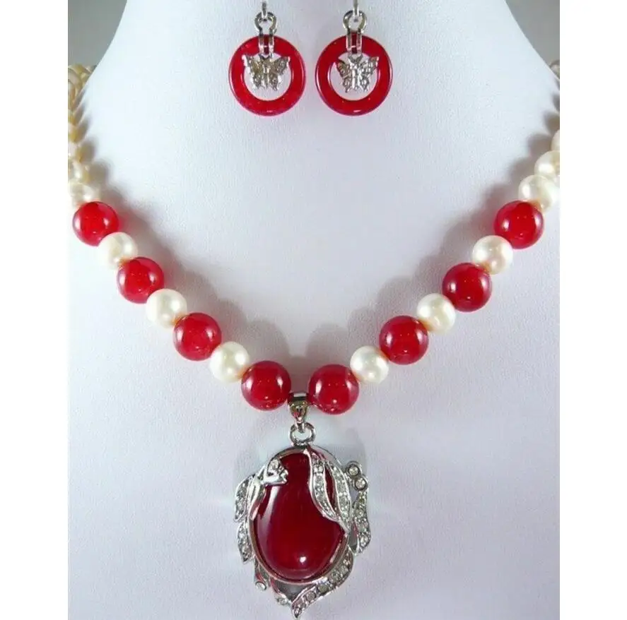 

noblest red jade-white pearl necklace +18KGP pendant earring set 18inchAAA