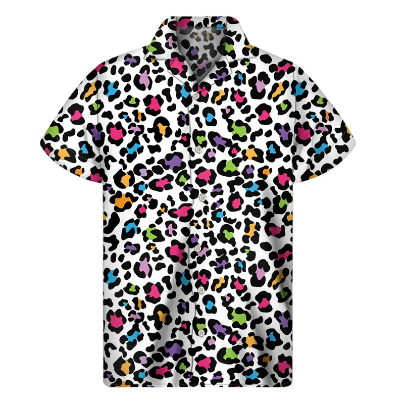 Camisas hawaianas con estampado de leopardo de colores para hombre, ropa con estampado 3D, camisas hawaianas con botones para playa, blusas de calle de manga corta de verano con solapa