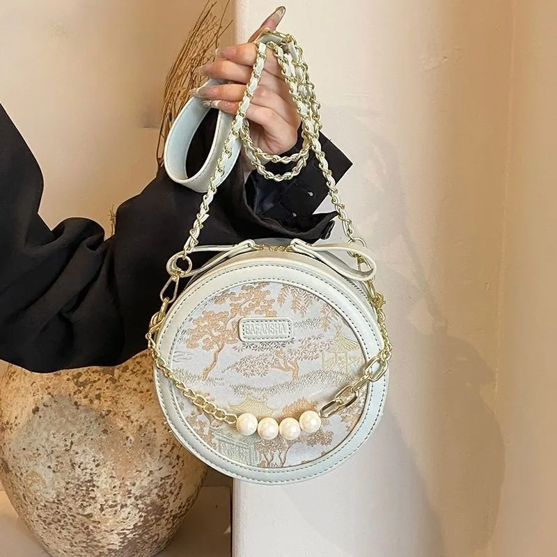 Retro Beige Embroidery Shoulder Bags Women Beaded Chain Round Leather Crossbody Bag Ladies Elegant Premium Luxury Design Bag New