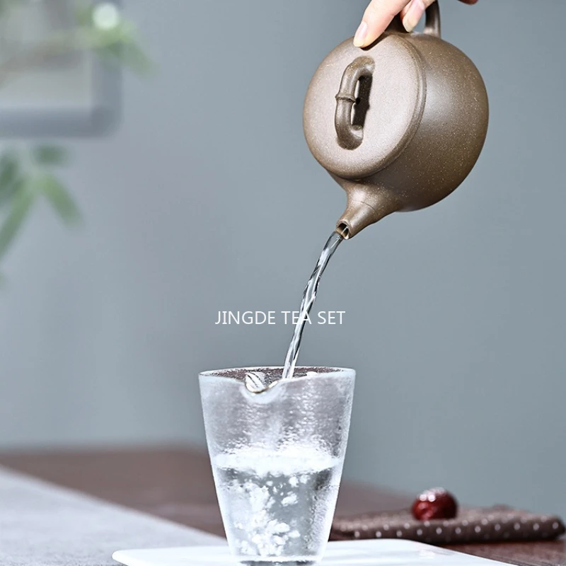 Chinese Yixing Purple Clay Teapot Handmade Gray Section Mud Bamboo Knot Wide Mouth Stone Scoop Home Tea Pot Gift Tea Set 260ml