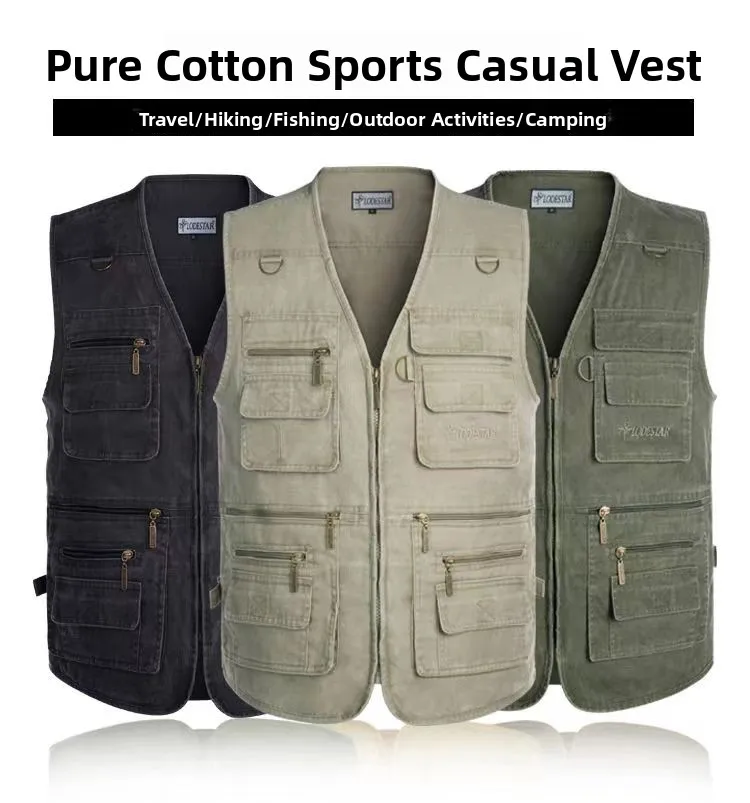 Men's Pure Cotton Vest Jaet Casual Outdoor Fiing Vest Spring Autumn Middle-Aged And ly Multi-ket Dad Sle