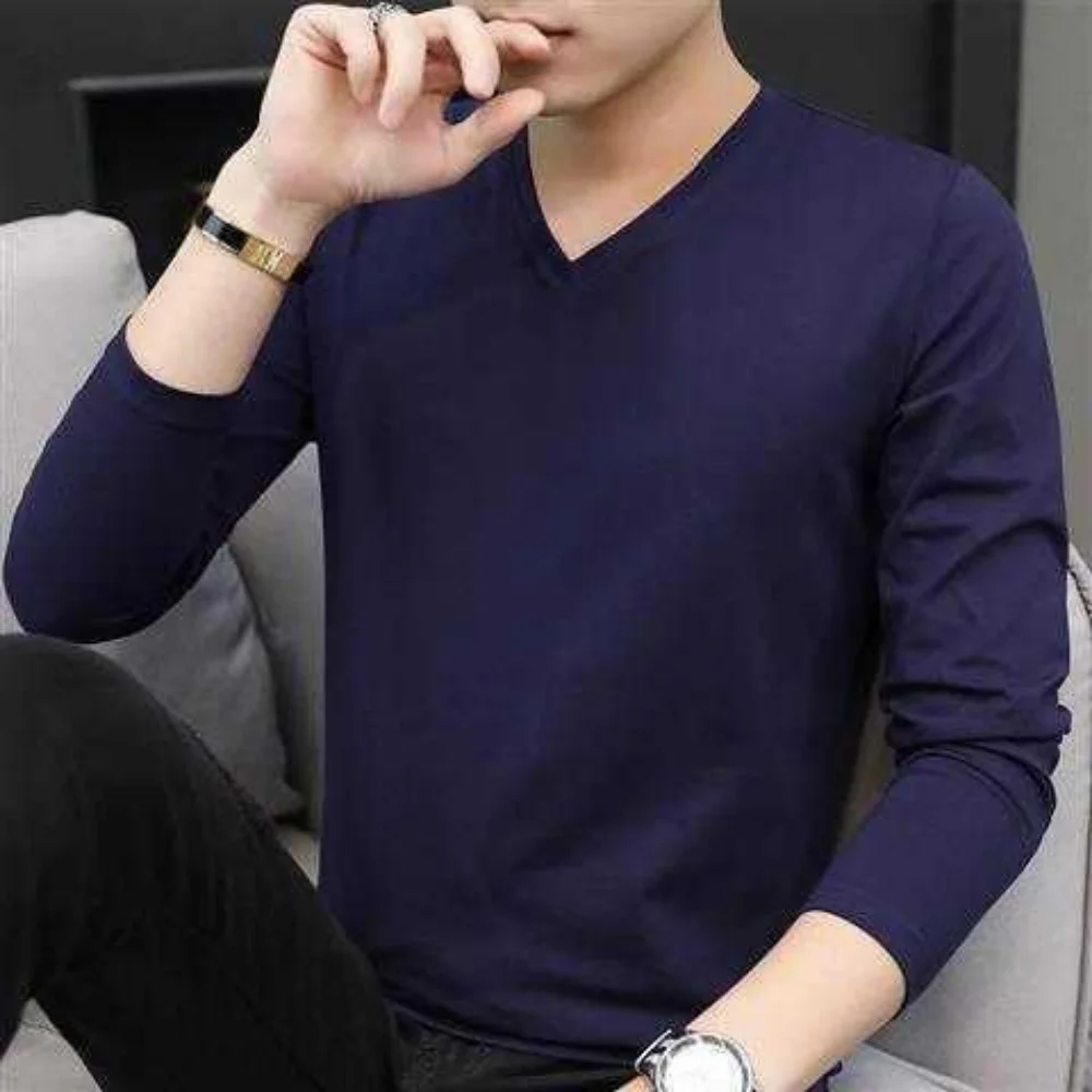 T-Shirt a maniche lunghe in seta di ghiaccio autunno inverno da uomo t-Shirt con scollo a v di colore puro vestiti bianchi nuova camicia interna alla moda con fondo superiore 4