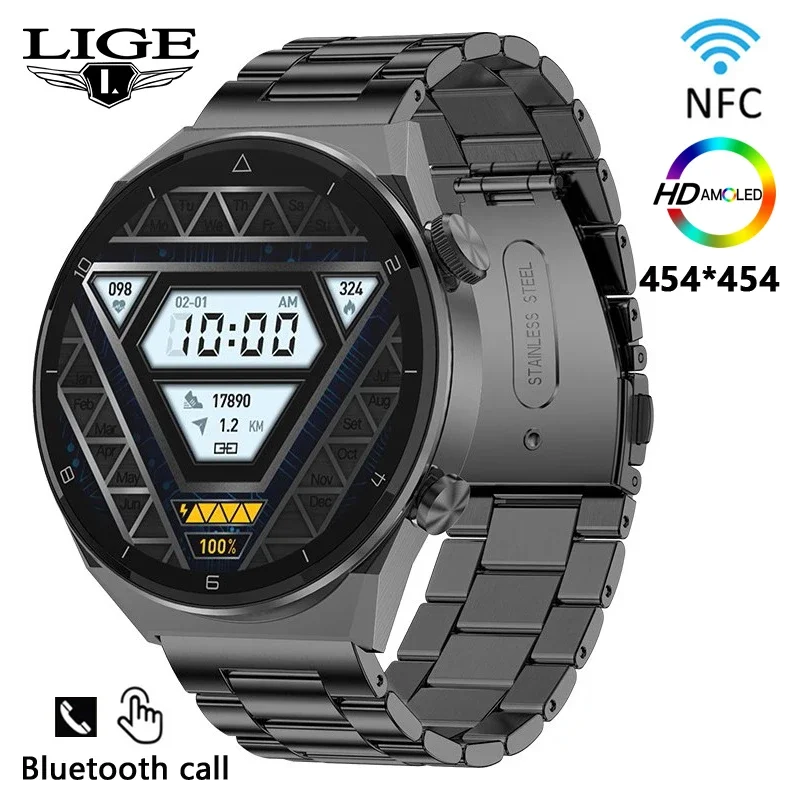 

LIGE AMOLED 454*454 Screen New Men Smart Watch Sports NFC Access Control Smartwatch Bluetooth Call Clock Waterproof for Men 2024