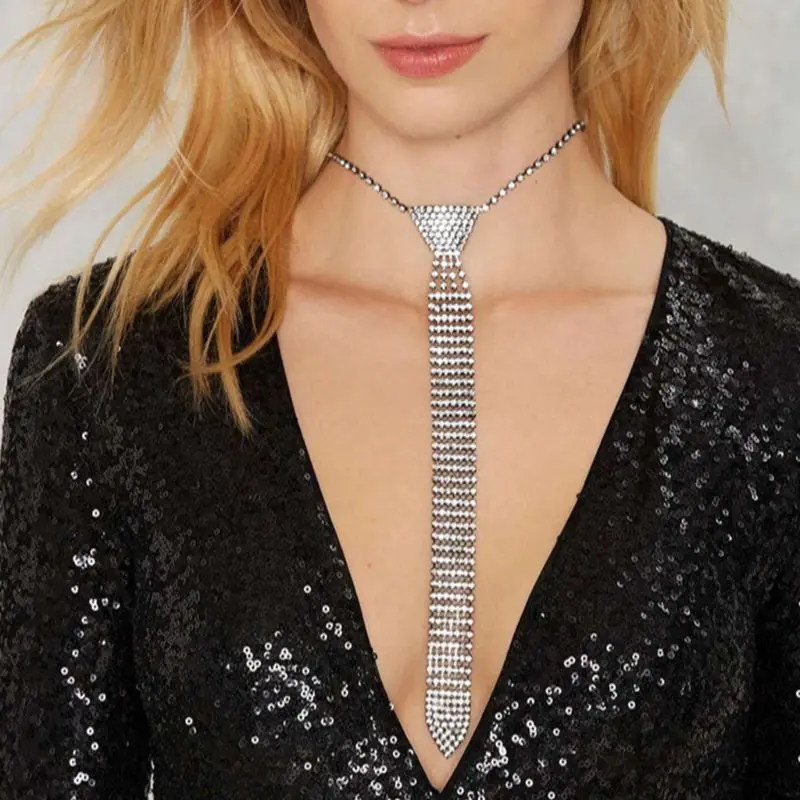 Women Fashionable Elegant Rhinestones Metal Necktie Glitter