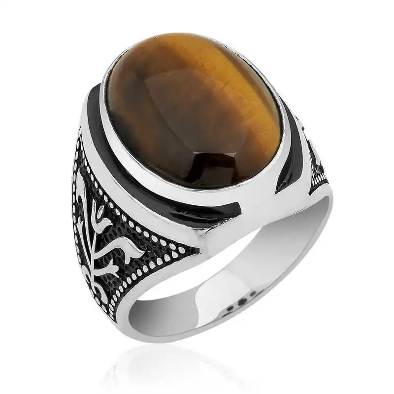 

Tevuli 925 Sterling Silver Tulip embroidered Tiger Eye Ring