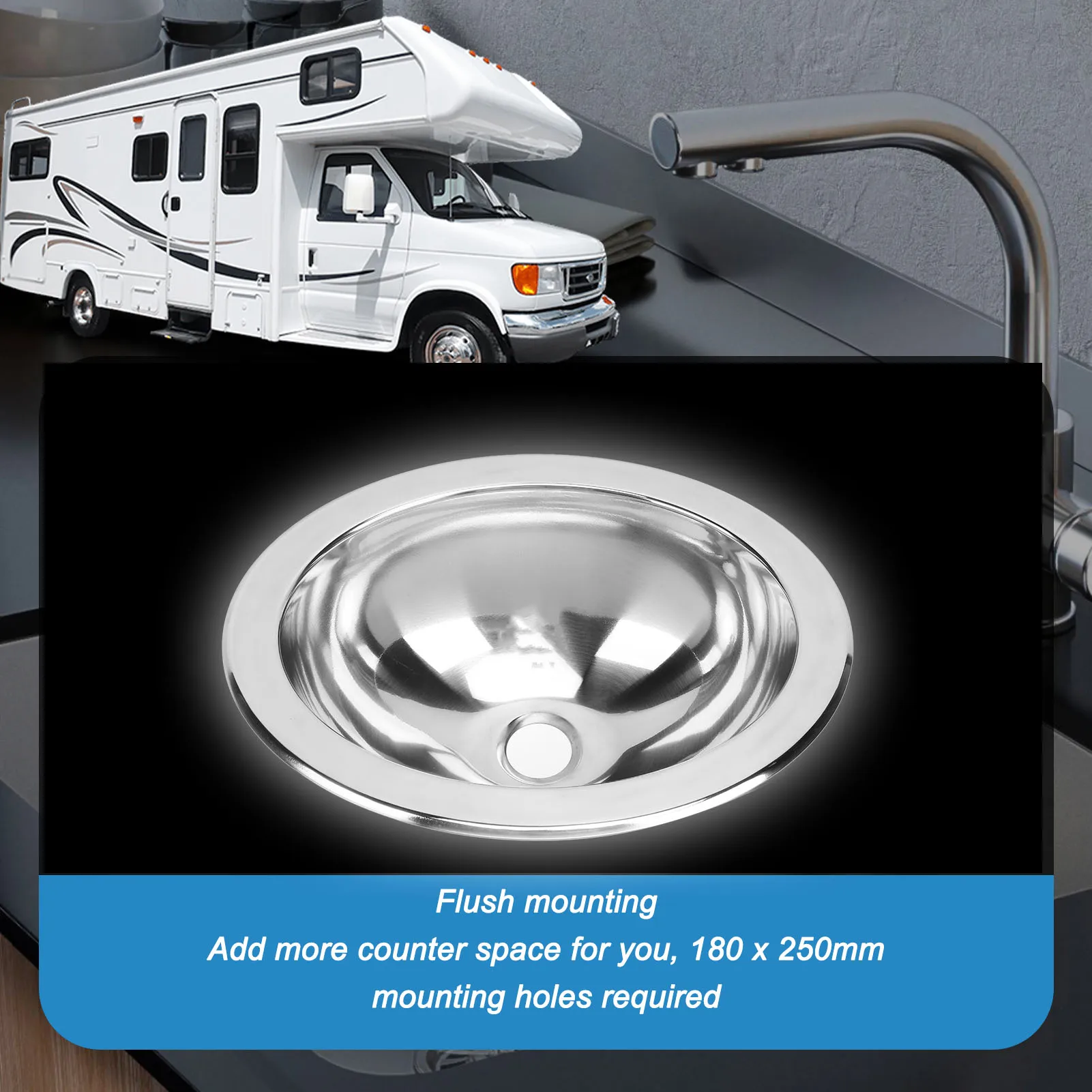 Single Bowl Sink Rustproof Polished Large Capacity Flush Mounting Stainless Steel Round Sink for Boat RV Bathroom