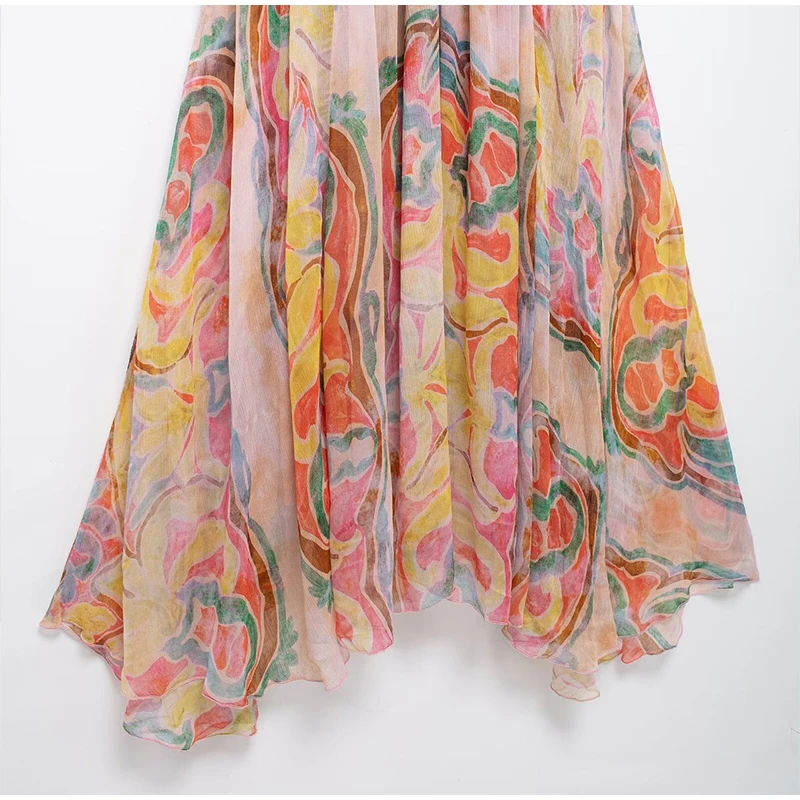 Retro Print Elegant Pleated Lantern Long Dress Sleeve V-neck Single Breasted Dress A-line Casual High Waist Women Summer Robe