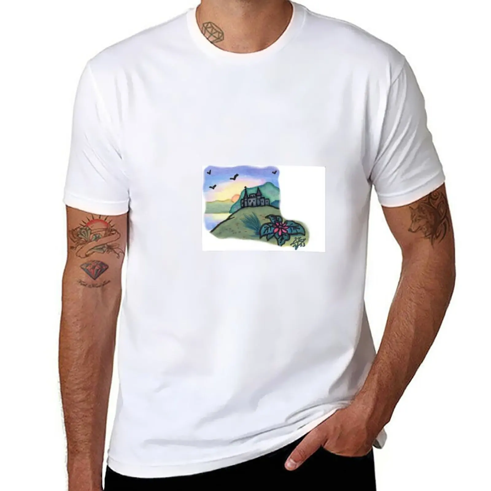 

New Watercolor Painting Fantasy Fortress Castle Mountain Landscape Nature T-Shirt Short sleeve t shirts for men pack