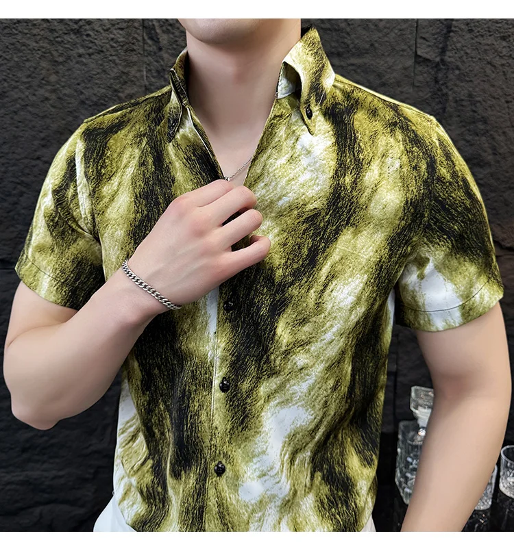 Description Picture 6 of itemSummer Mens Casual Shirts Hot Sale Stylish Print Short Sleeve Men's Social Shirt Dress Slim Fit Turn Down Collar Tuxedo Big Size