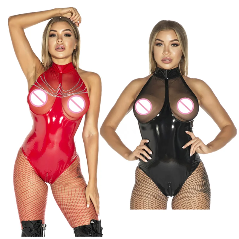 ice silk smooth shiny playsuit jumpsuits shaping dance wear see through sexy women zipper open crotch bust high cut bodysuits 5XL Plus Size Sexy Catsuit Women Shiny Wetlook Mesh PVC Latex Faux Leather Bodysuit Teddy Zipper Open Crotch Fetish Dance Wear