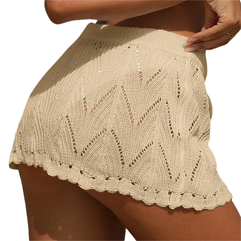 Falda de playa para mujer, de verano, de color liso, con cordón, de cintura alta, de punto, minifalda, traje de baño informal