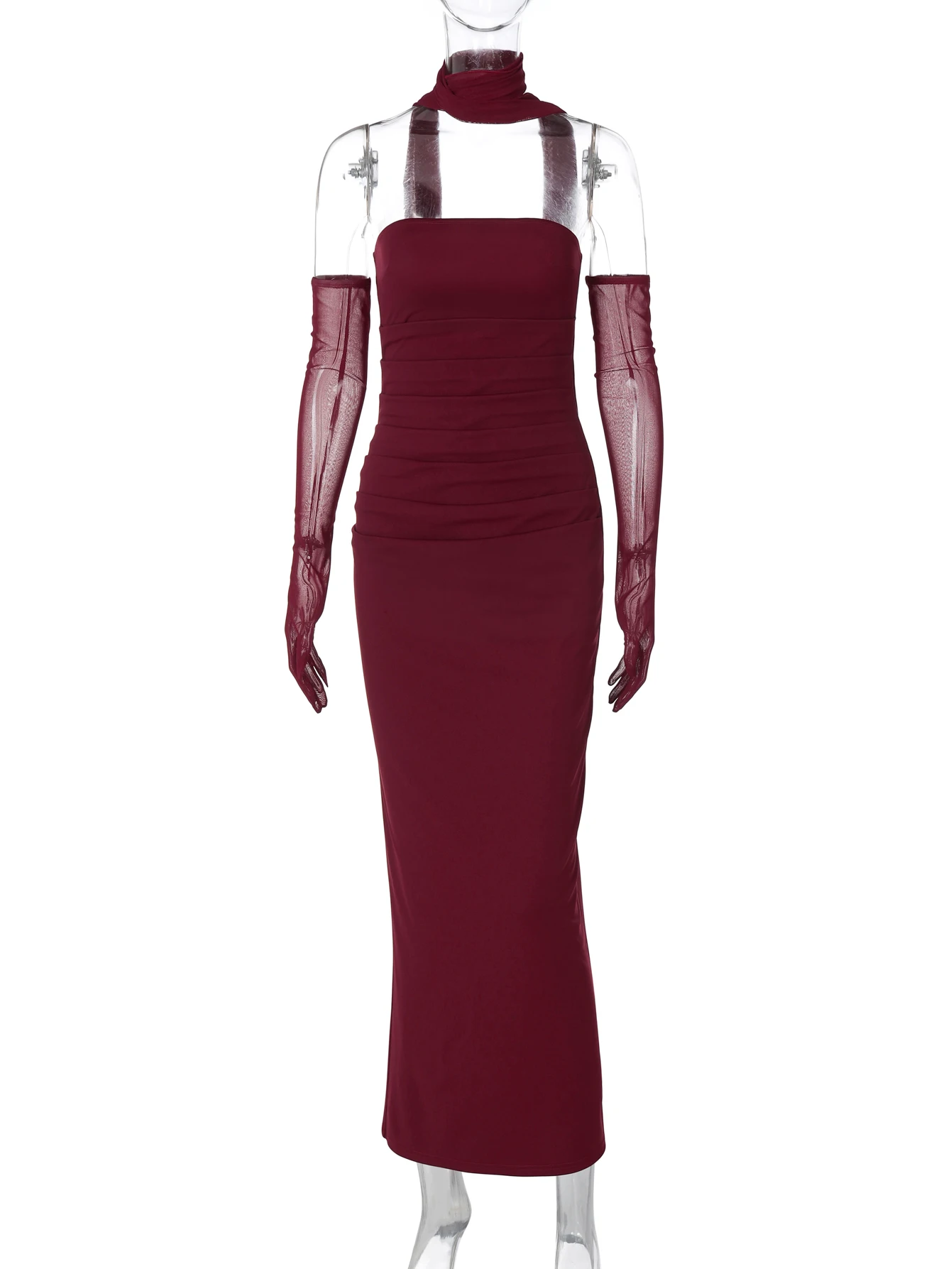 thumbnail image 1 of DGLUKE Elegantes vestidos largos sin tirantes para mujer Verano 2025 Sexy fruncido ajustado maxi vestido burdeos vestido de fiesta de noche con guantes, 1 of 5