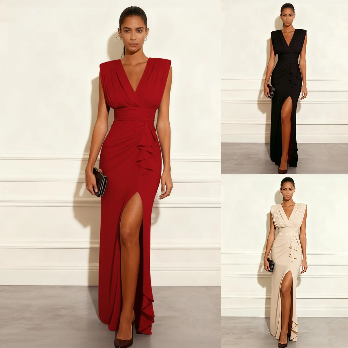 Frühling Einfarbiges Hochgeschnittenes Ausgeschnittenes Bürokleid Einfaches Sexy Tief Ausgeschnittenes V-Ausschnitt Rüschen-Schlitz Langes Kleid Damen Sommer Ärmelloses Tank-Kleid