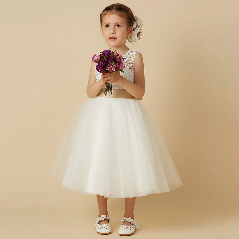 

Lace Girl Flower Princess Dress Baby Girl Belt Wedding Gown Kids Party Dress Birthday Wear Kids Formal Tulle Evening Clothes