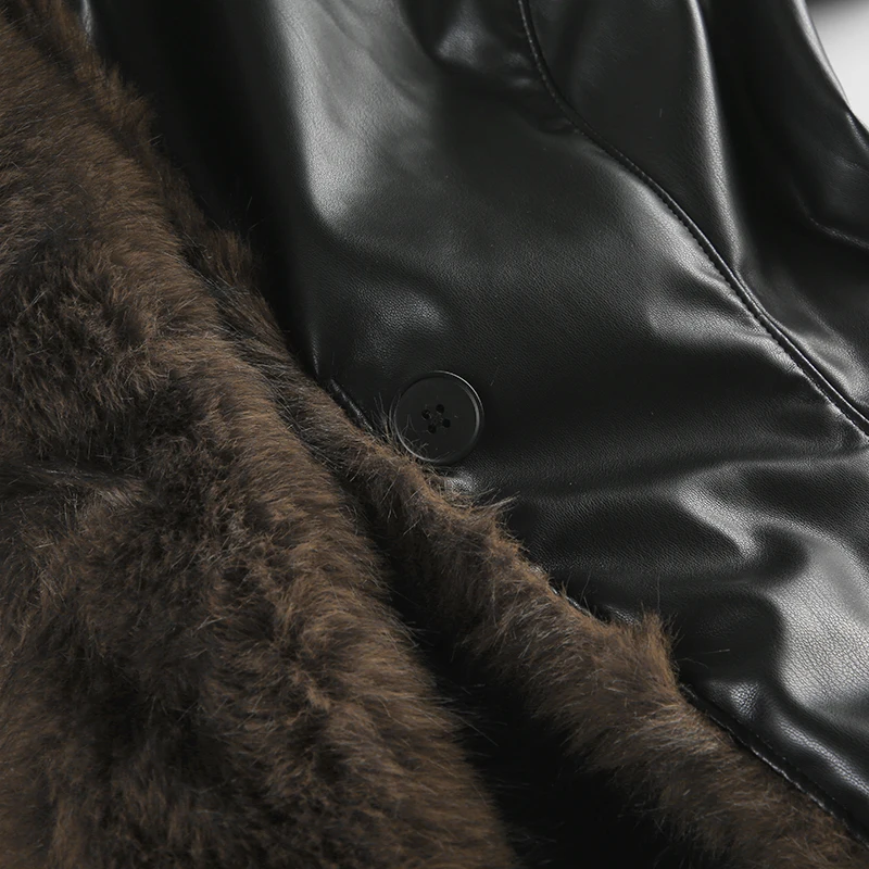 Faux Leather Fur Turndown Collar Jacket Korean Stylish Winter Cardigan Coat Punk Vintage 90s Women Outwear Chic Fall