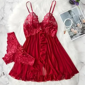 Ensemble de lingerie rouge sexy, sous-vêtements érotiques transparents, ensemble soutien-gorge et culotte en dentelle porno, lingerie femme, vêtements de nuit sexy, robe babydoll.