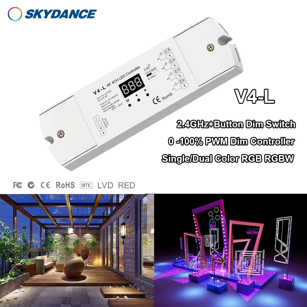 

DC12-24V V4-L 4In1 Single/Dual Color RGB RGBW Constant voltage 2.4G+Button Dim 0 -100% PWM Switch Controller for LED Light strip