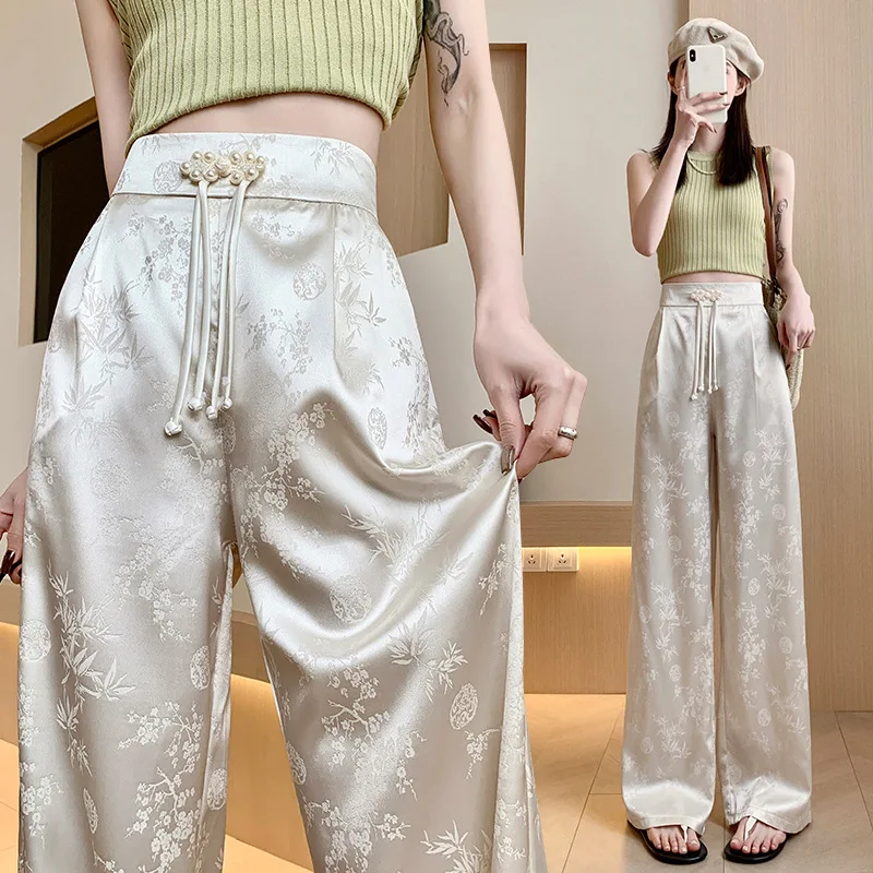 New Chinese Style Button Up Pants for Women's Summer Thin High Waisted Straight Leg Ice Silk Satin Jacquard Wide Leg Pants