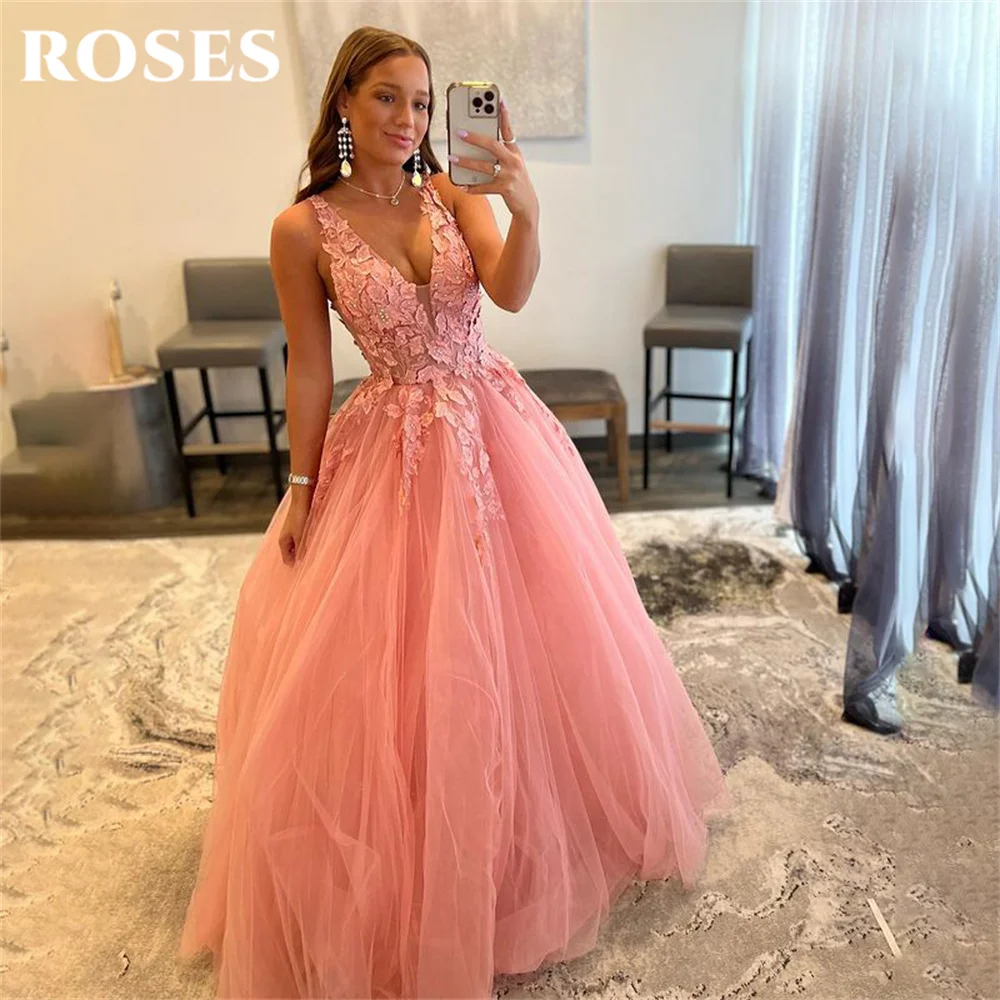 

ROSES Spaghetti Strap Formal Dresses Appliques Lace Party Dress For Wedding V Neck A Line Special Occasion Dresses robe soirée