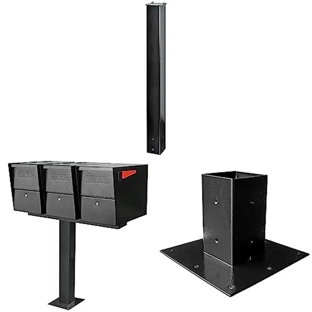 Heavy Duty Steel In-Ground Mounting Post 3 Mailboxes Black Durable Powder-Coated Finish Easy Installation Surface Mount