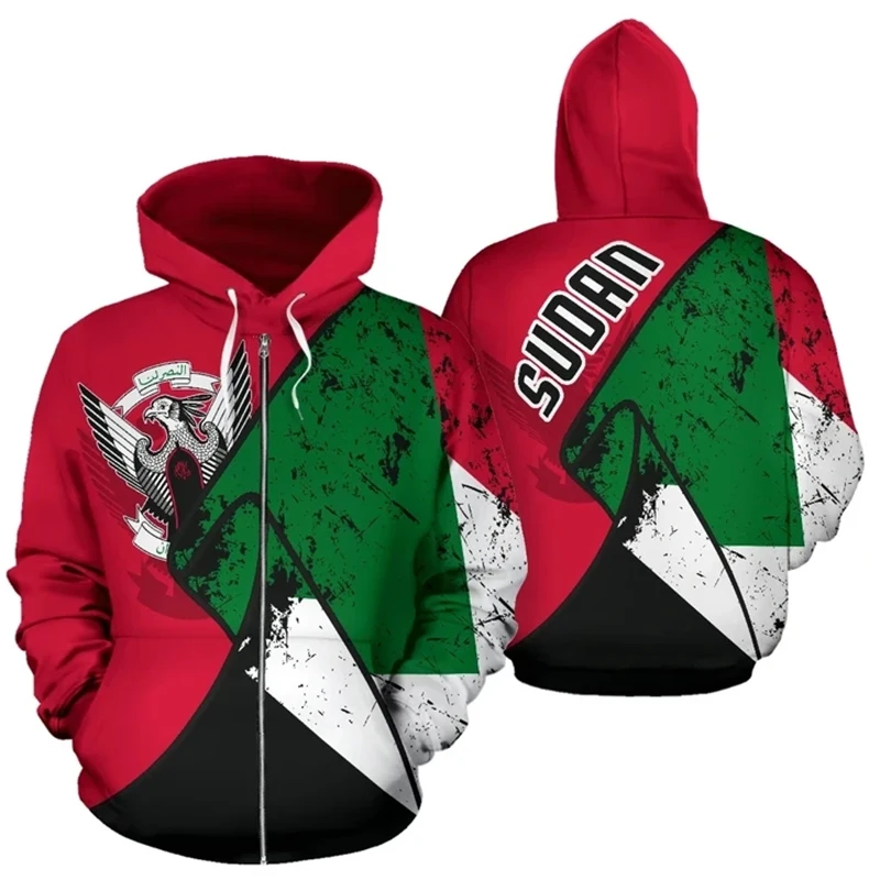 

Africa Sudan Flag Map 3D Print Zip Up Hoodie For Men Clothes National Emblem Eagle Graphic Sweatshirts Casual Boy Tracksuit Tops