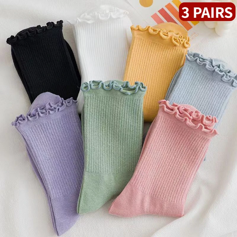 2024 New 3 Pairs Women Ruffle Lace Cute Socks Polyester Cotton Loose Knitting Solid Color Long Breathable Mid Tube Sock