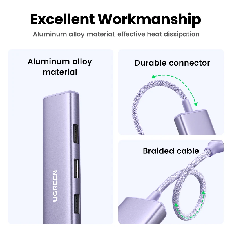 UGREEN USB C 허브 C타입 HDMI 어댑터, 맥북 아이패드 프로 에어 노트북용 도킹 USB-C 3.1 스플리터, 5 인 1, 4K30Hz, PD100W