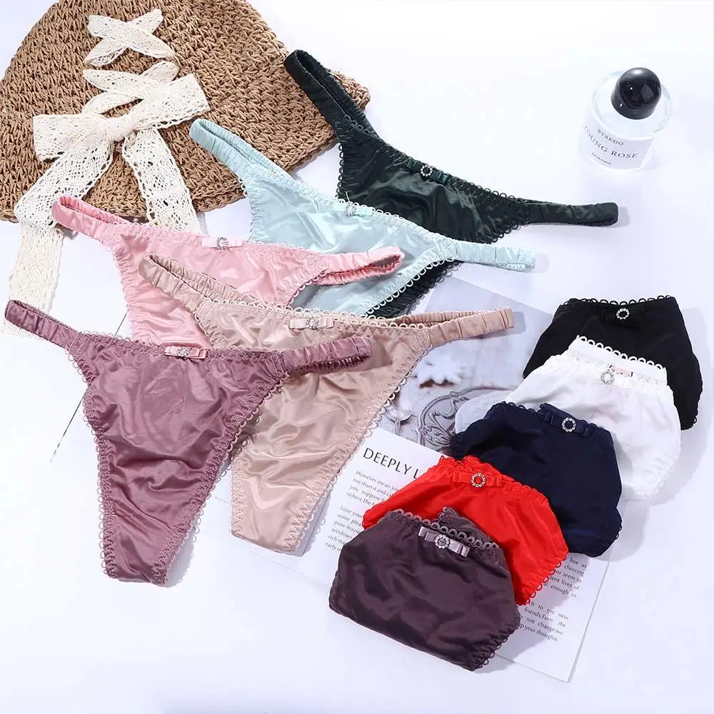 

Sweet Solid Color Bow Underwear Sexy Thin Belt Low Waist Thong Soft Satin Seamless Panties for Female Lingerie