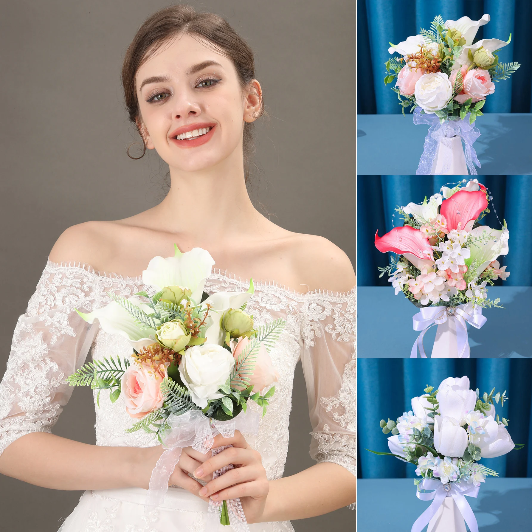 Beautiful Wedding Bridal Bouquet Bridesmaid Hand Tied Artificial Flower Decoration Holiday Party Flowers Gift propose Rose