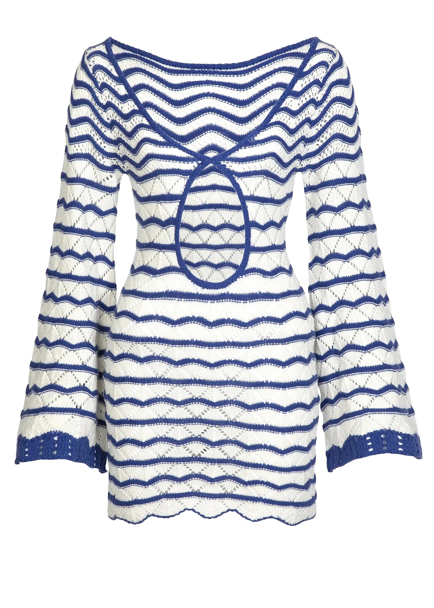 Sexy Boho Striped Chic V-neck Cut Out Bell Sleeve Knit Beach Mini Dress 2025 Summer Women Seaside Holiday Swimsuit Cover Up K123