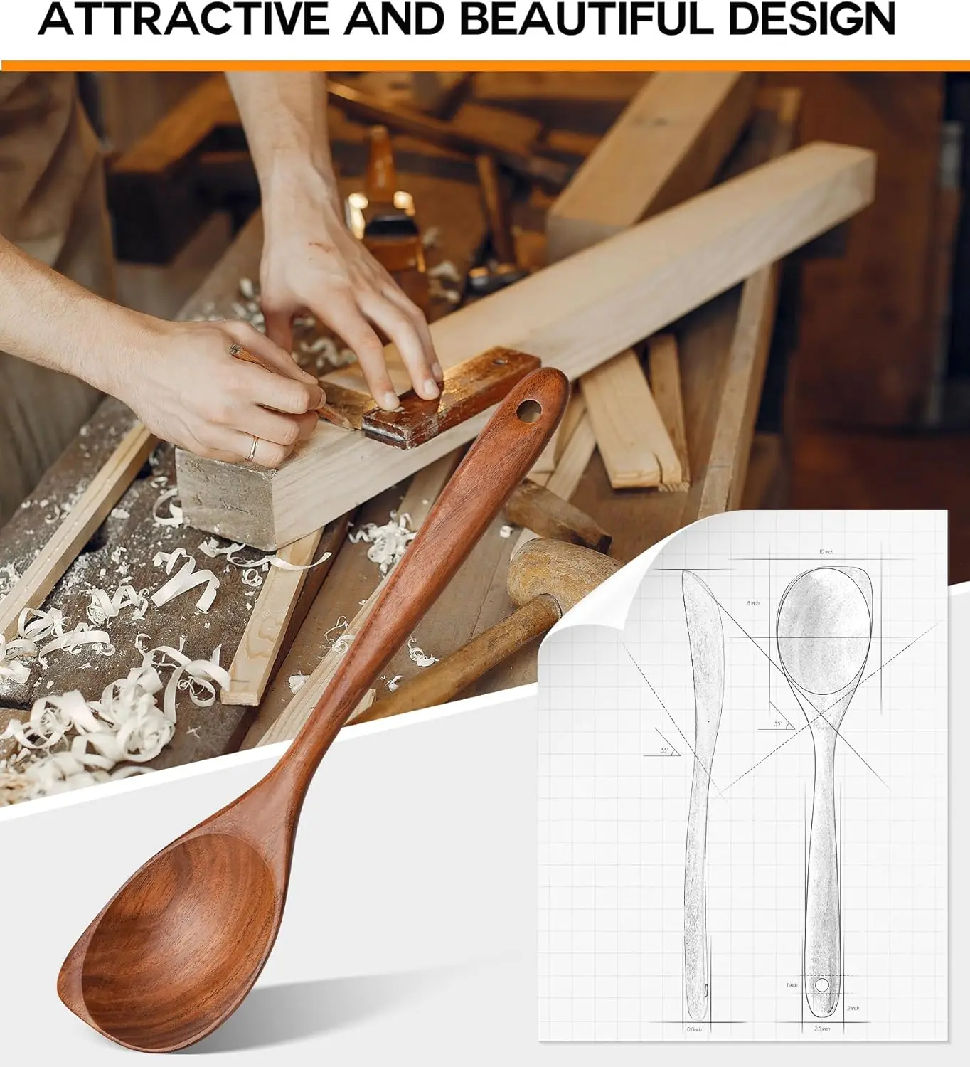 Natural Teak Wood Cooking Spoons Set, Heat Resistant Utensils with Corner Design for Nonstick Cookware Kitchen Gifts 5