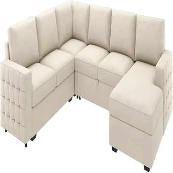 Divano letto componibile a forma di U in velluto beige con letto estraibile e contenitore per il soggiorno 1