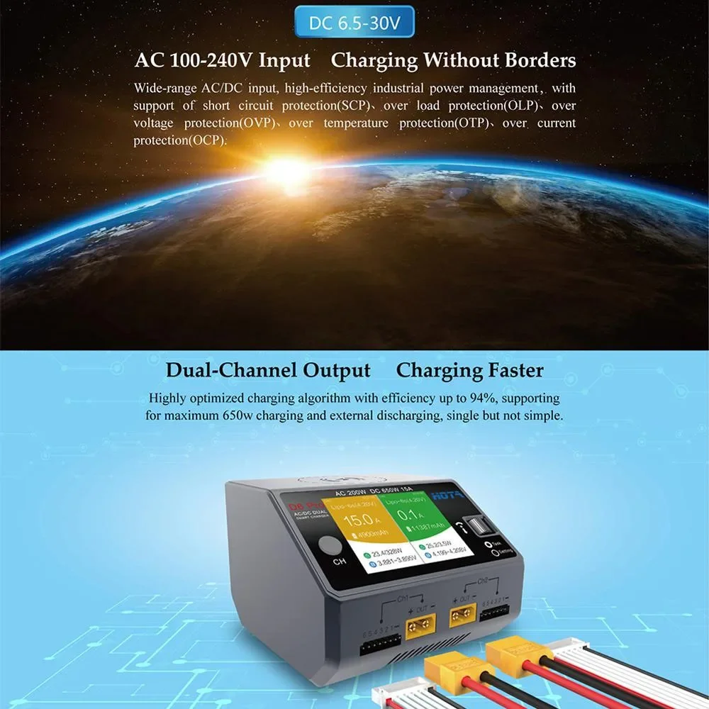 HOTA D6 Pro AC 200W DC 2X325W 2X15A Channel Smart Battery Charger Discharger Lipo Charger for Rc Drone Spare Parts-Grey/Black thumbnail 5