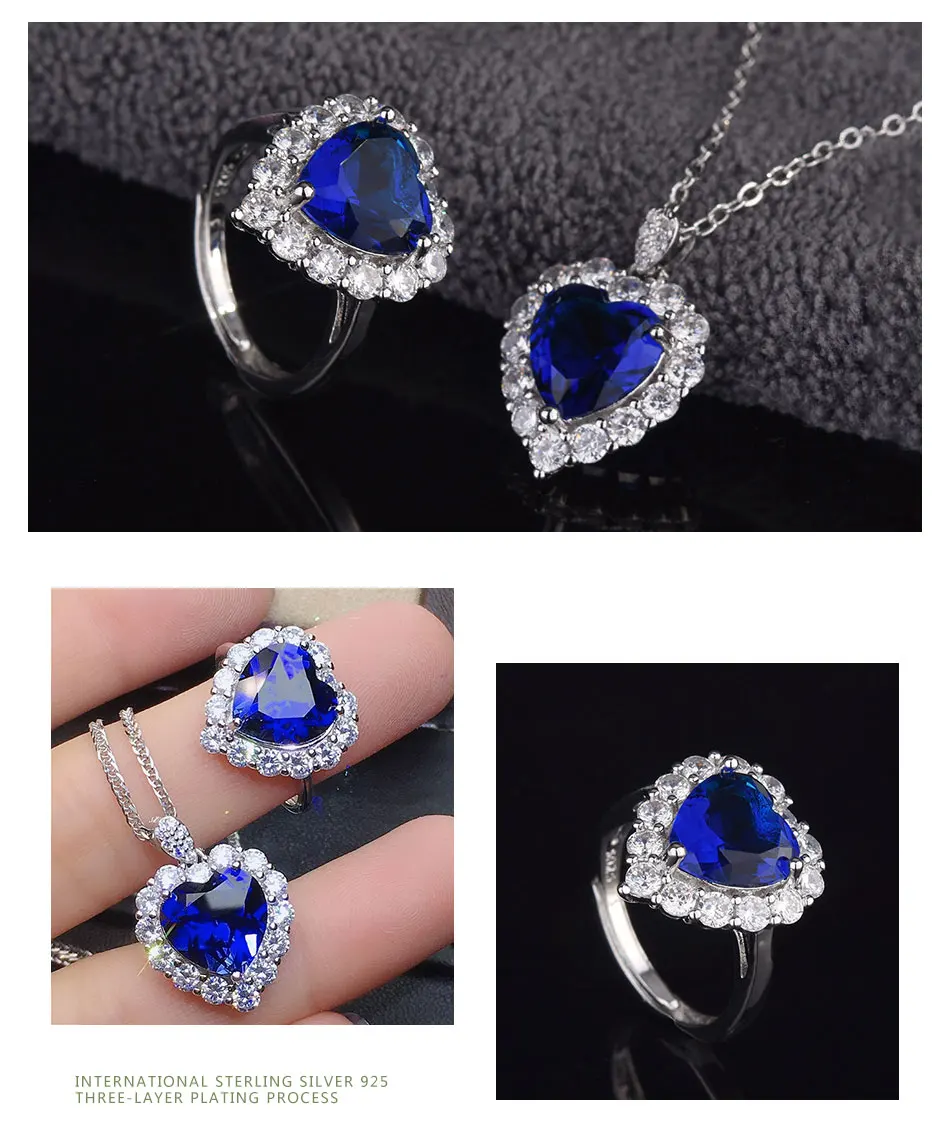 S11ae56d13ebf44cea89e08d06e96d719I 925 Sterling Silver Heart Blue Crystal Necklace Ring Set For Women Wedding Jewelry Gift Mallzona