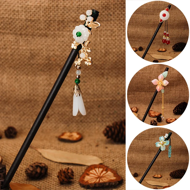 Vintage Kapok Imitation Jade Hair Sticks Handmade Smooth Wooden Fringe Hairpin Chinese Classic Exquisite Floral Hair Accessories