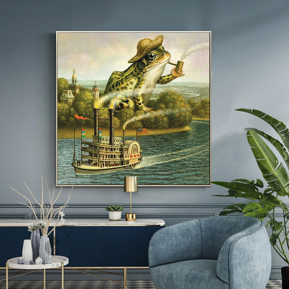 

Smoking Frog with Hat Retro Painting Canvas Print Wall Art Poster Animal Scenery Fun Picture for Living Room Home Decor Cuadros