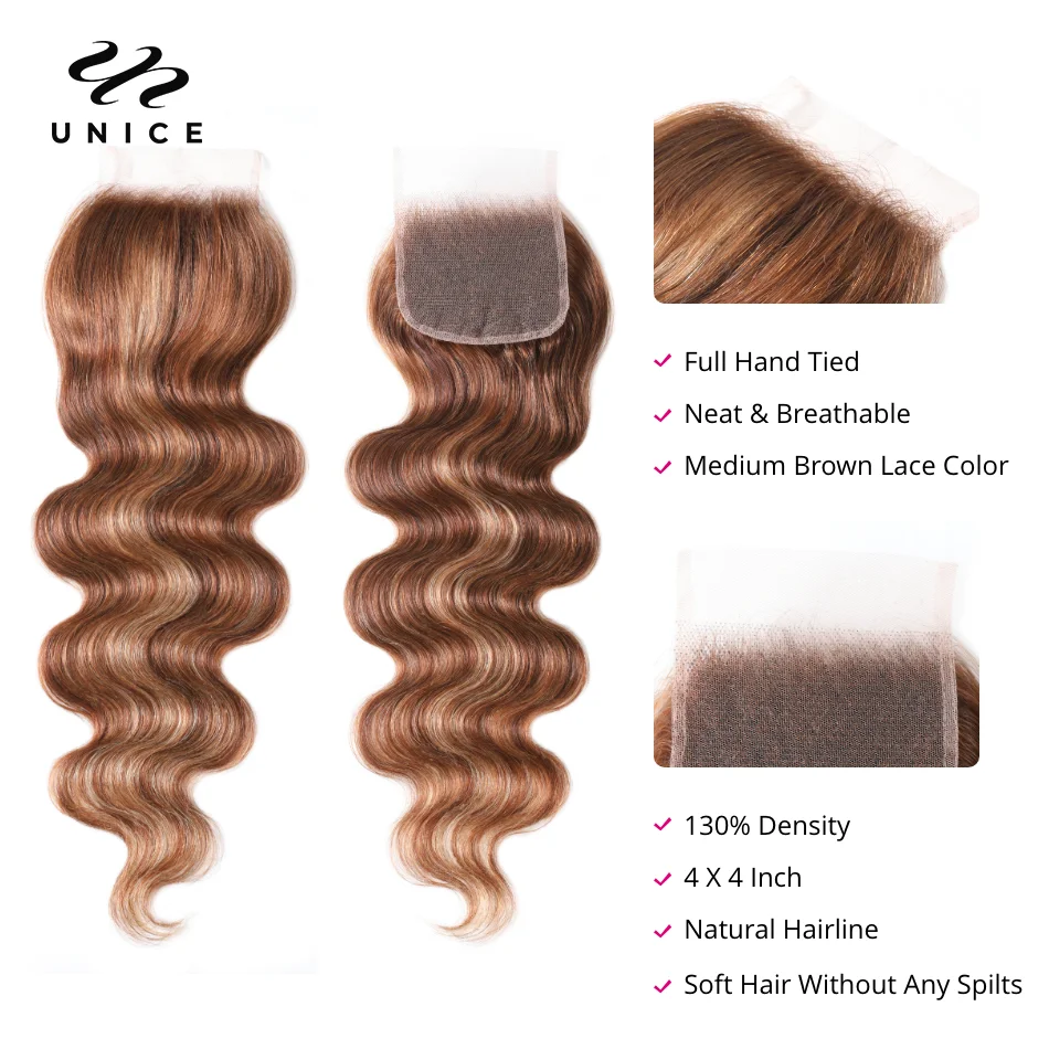 UNice Hair Blonde Highlight Body Wave Human Hair Bundles 2/3/4 Pcs With 4x4 Lace Closure Human Bundles Full Head Use