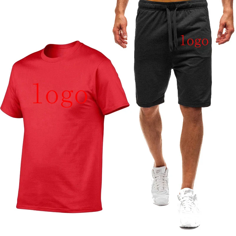 Customized Logo Printing Fashion 2023 New Man's Summer Short Sleeve Comfortable Solid Cotton T-Shirts Sweatpants 2-Piece Set