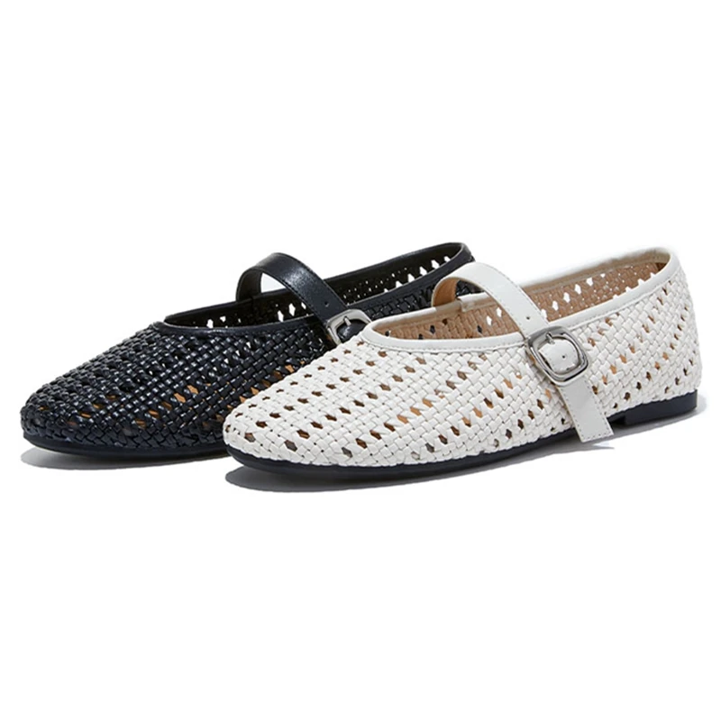Fashion Hollow Breathable Ballet Flats for Women Comfortable Soft-soled Belt Buckle Mary Jane Shoes Summer Beach Flat Sandals