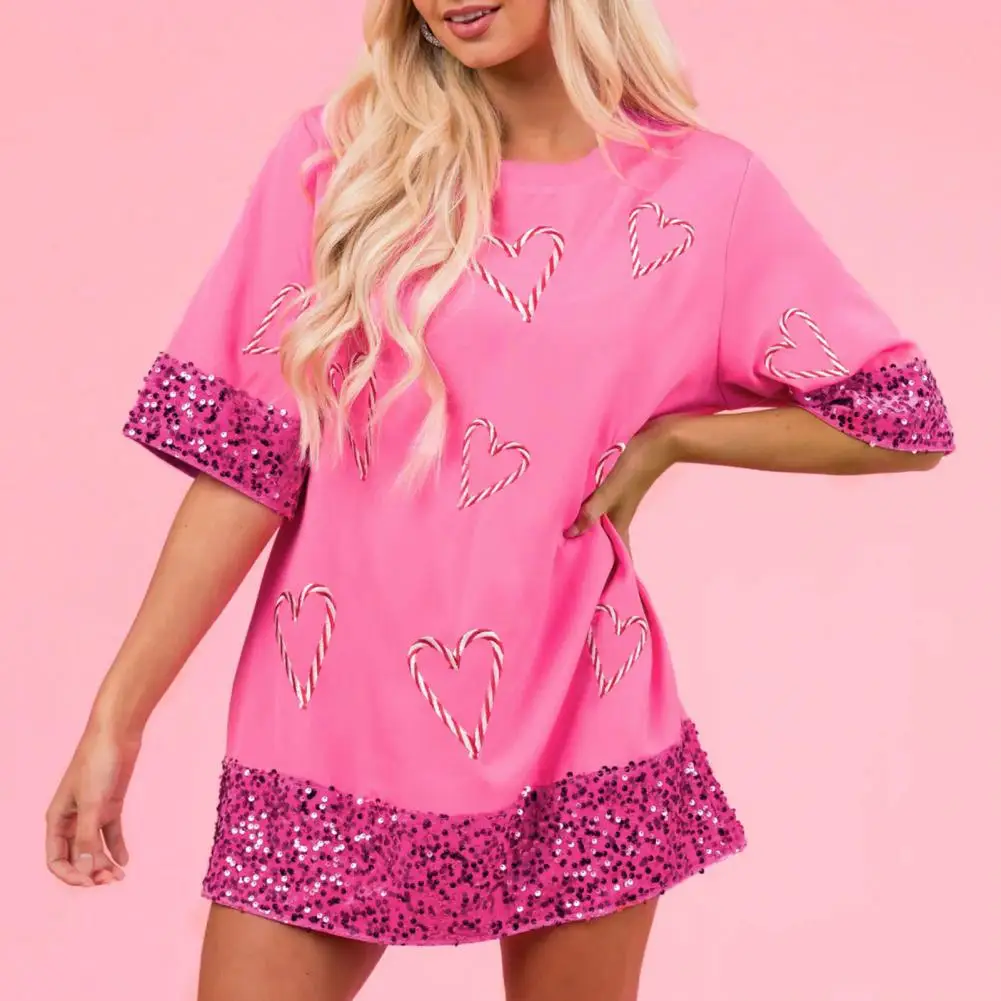 

Women Summer T-shirt Round Neck Short Sleeves Loose Sequin Color Matching Pullover Mid Length Soft Breathable Casual Lady Daily