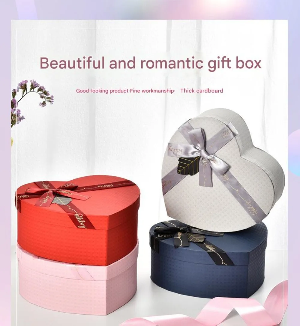 Neue Geschenkbox mit Schleife und Seidenband, rot, mit Deckel, Geschenkboxen, herzförmige Verpackung, Papierbox zum Valentinstag – Detail 2