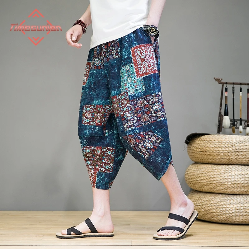 

2023 Summer Harajuku Calf Length Casual Men's Pants Wide Leg Cotton Linen Printing Harem Baggy Pants Fashion Men's Clothing