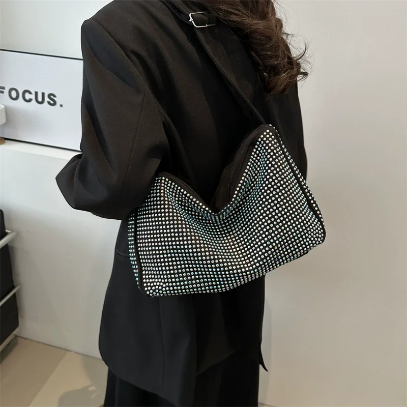 Luxury Designer Underarm Purse Female Shiny Rhinestone Stylish Women Shoulder Bag Wide Strap Crossbody Bag