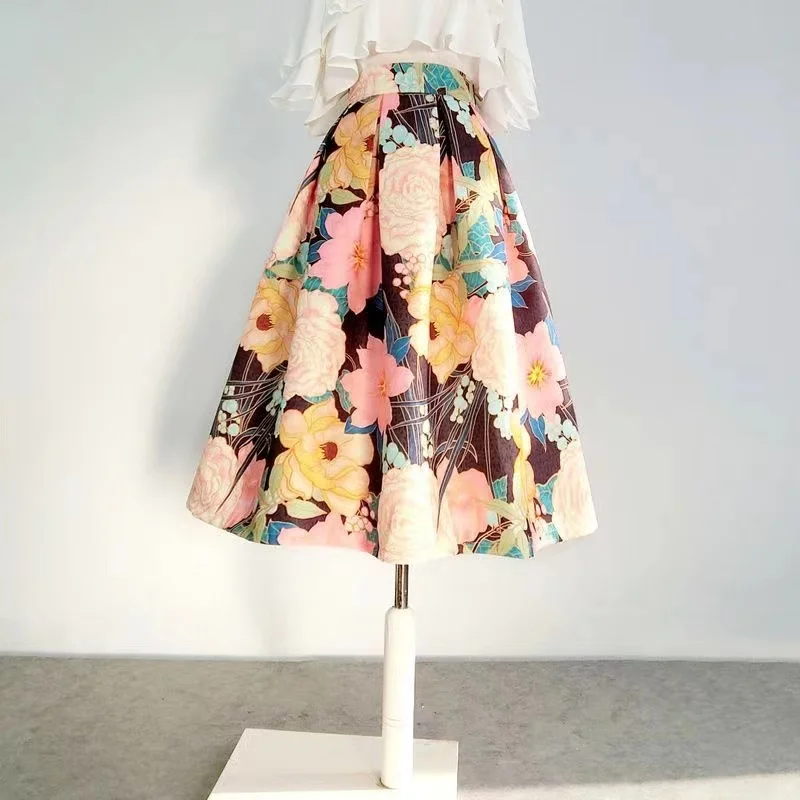 

Женская плиссированная юбка миди, элегантная винтажная юбка в Корейском стиле с высокой талией и цветочным принтом сакуры пиона, y2k, весна-лето