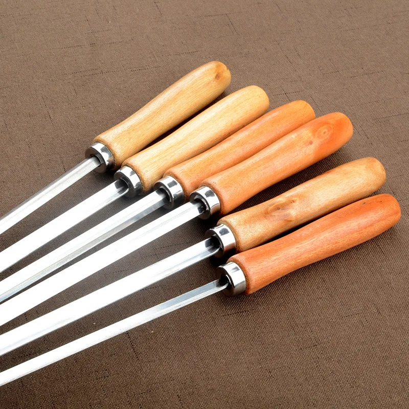 50cm V-type Long Wood Handle BBQ Skewers Shish Kebab Grill Stick Wood BBQ Fork Stainless Steel Barbecue Grill Needle Tools 6pcs
